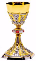 Picture of Liturgical Chalice H. cm 24 (9,4 inch) Baroque style Ears of Wheat Crown of Thorns Red Swarovski in 800/1000 Silver Cup Bicolor for Mass Wine