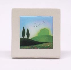 Picture of Miniature sticker Spring hand-drawn acrylic plate cm 10 (3,9 inch) Wall / Desk picture in white refractory clay Ceramica Centro Ave Loppiano