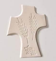 Immagine di Crocetta Prima Comunione Uva e Spighe cm 15 (5,9 inch) Croce da Parete in argilla refrattaria bianca Ceramica Centro Ave Loppiano