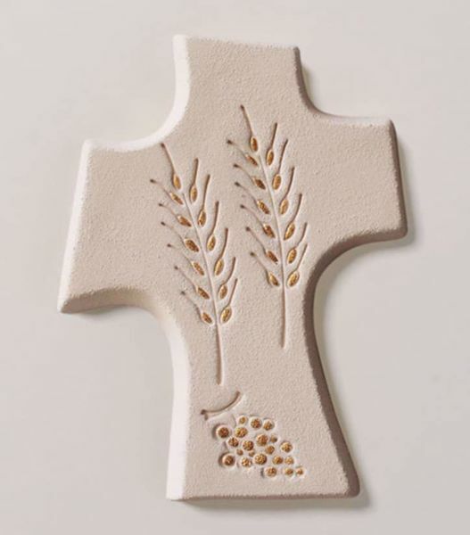 Immagine di Bomboniere Prima Comunione Crocetta Uva Spighe Gold ceramica bianca