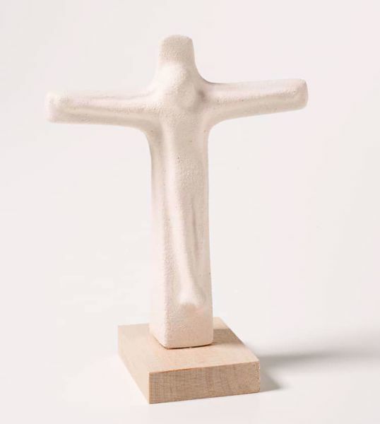 Picture of Crucifix on wooden board cm 11 (4,3 inch) Sculpture in white refractory clay Ceramica Centro Ave Loppiano