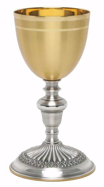 Imagen de Cáliz eucarístico H. cm 19,5 (7,7 inch) acabado liso satinado pie decorado de latón Oro Plata para Altar Vino Santa Misa