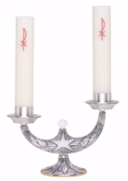Picture of Altar Candlestick 2 flames cm 25x20 (14,2x7,9 inch) Star Ears of Wheat Flames in bronze Gold Silver liturgical Candle Holder for Church 