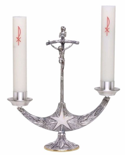 Immagine di Candeliere Altare 2 fiamme Crocifisso 33x36 cm Stella Spighe Fiamme
