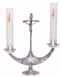 Picture of Altar Candlestick 2 flames Crucifix cm 33x36 (13,0x14,2 inch) Star Ears of Wheat Flames bronze Gold Silver liturgical Candle Holder for Church 