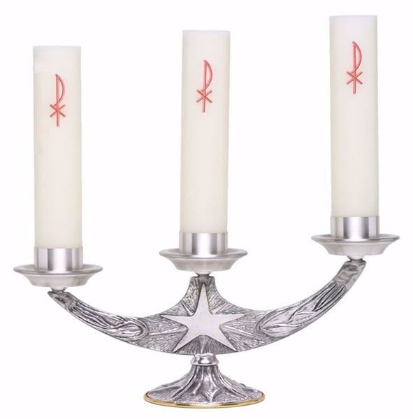 Picture of Altar Candlestick 3 flames cm 33x20 (13,0x7,9 inch) Star Ears of Wheat Flames in bronze Gold Silver liturgical Candle Holder for Church 