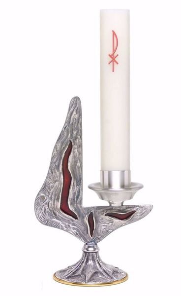 Imagen de Candelero litúrgico de Altar cm 16x25,5 (6,3x10,0 inch) Estrella Espigas de Trigo Llamas de bronce Oro Plata Portavela de Mesa Iglesia