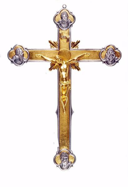 Immagine di Croce astile processionale cm 52x35 (20,5x13,8 inch) Crocifisso Quattro Evangelisti ottone Oro Argento Bicolor Crocifisso Processione