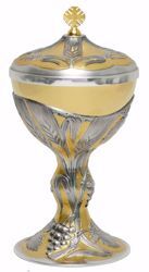 Picture of Liturgical Ciborium H. cm 25 (9,8 inch) Ears of Wheat Grapes in chiseled brass Gold Silver Bicolor 