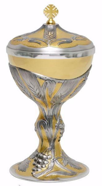 Imagen de Copón litúrgico Ciborio H. cm 25 (9,8 inch) Espigas de Trigo Uvas de latón cincelado Oro Plata Bicolor 