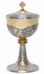 Imagen de Copón litúrgico Ciborio H. cm 23 (9,1 inch) Espigas de Trigo Uvas de latón cincelado Oro Plata Bicolor 
