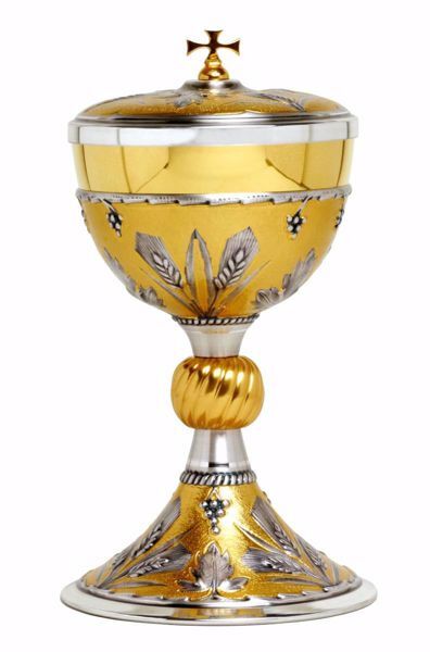 Imagen de Copón litúrgico Ciborio H. cm 22 (8,7 inch) Espigas de Trigo y Uvas de Plata 800/1000 Oro Plata Bicolor 