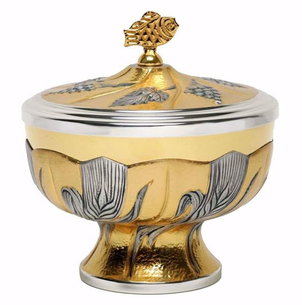 Picture of Liturgical Ciborium H. cm 14,5 (5,7 inch) Ears of Wheat in chiseled brass Silver Bicolor 