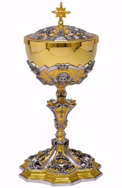 Picture of Liturgical Ciborium H. cm 29 (11,4 inch) Baroque style Cherubs Angels in brass with 800/1000 Silver Cup Bicolor 