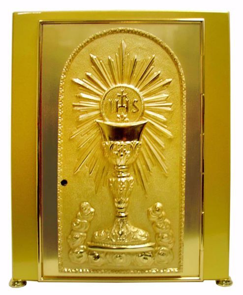 Imagen de Sagrario de mesa grande cm 30x30x44 (11,8x11,8x17,3 inch) Rosas Cáliz IHS Rayos de Luz de latón Oro Tabernáculo de Altar Iglesia