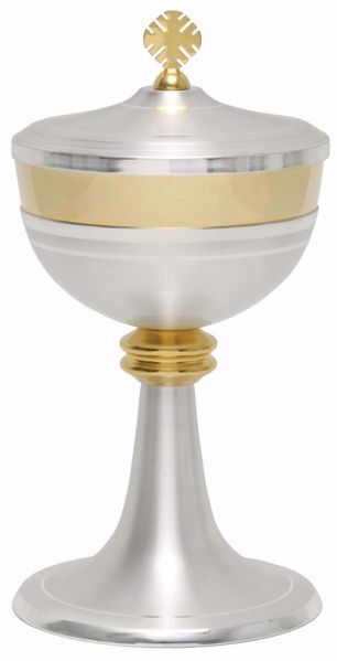 Imagen de Copón litúrgico Ciborio H. cm 23 (9,1 inch) línea moderna Nudo central de latón Oro Plata 