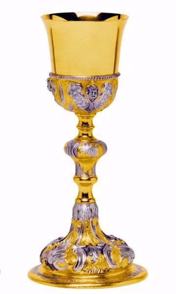 Imagen de Cáliz eucarístico H. cm 23,5 (9,3 inch) Querubines y Hojas de latón Copa de Plata 800/1000 Bicolor para Altar Vino Santa Misa