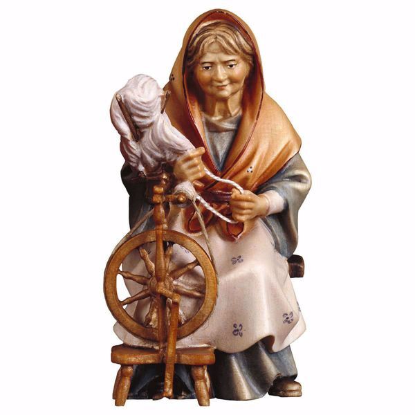 Picture of Old Woman with spinning Wheel cm 10 (3,9 inch) hand painted Ulrich Nativity Scene Val Gardena wooden Statue baroque style