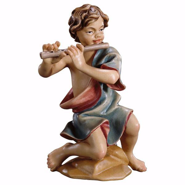 Immagine di Bambino inginocchiato con flauto cm 10 (3,9 inch) Presepe Ulrich dipinto a mano Statua artigianale in legno Val Gardena stile barocco