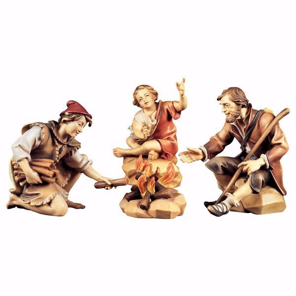Picture of Herders group at the Fireplace 4 Pieces cm 10 (3,9 inch) hand painted Ulrich Nativity Scene Val Gardena wooden Statues baroque style
