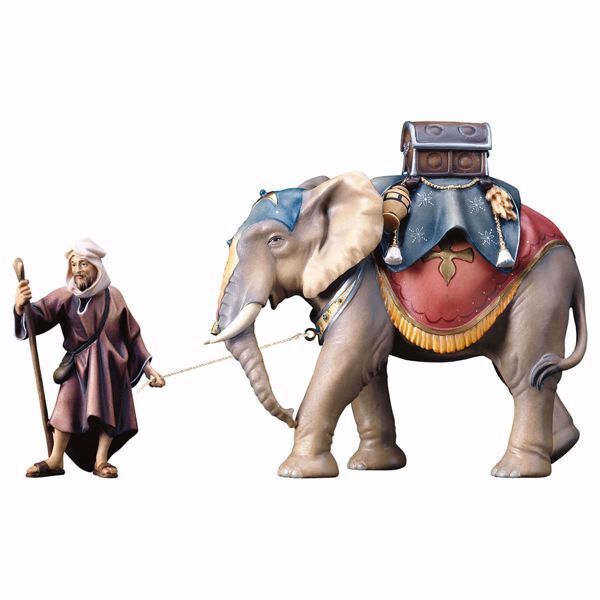 Imagen de Grupo de Elefante con Sillín Bagaje 3 Piezas cm 10 (3,9 inch) Belén Ulrich pintado a mano Estatuas artesanales de madera Val Gardena estilo barroco