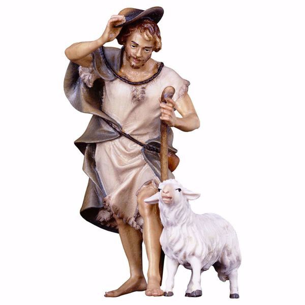 Imagen de Pastor con bastón y oveja cm 10 (3,9 inch) Belén Ulrich pintado a mano Estatua artesanal de madera Val Gardena estilo barroco