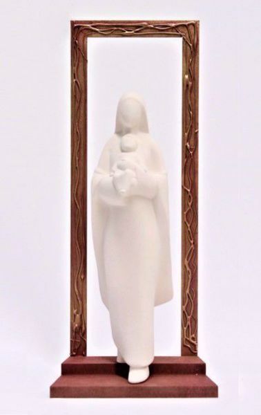 Picture of Madonna with Child on the way out with decorated frame cm 32 (12,6 inch) Wall / Desk Sculpture in white clay Ceramica Centro Ave Loppiano
