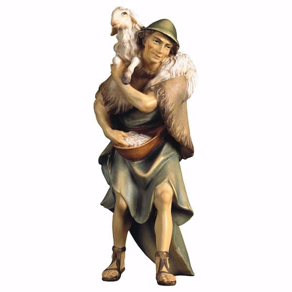 Imagen de Pastor con Oveja en Hombros cm 10 (3,9 inch) Belén Ulrich pintado a mano Estatua artesanal de madera Val Gardena estilo barroco