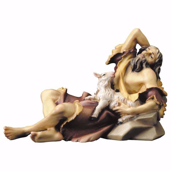 Immagine di Pastore sdraiato con agnello cm 10 (3,9 inch) Presepe Ulrich dipinto a mano Statua artigianale in legno Val Gardena stile barocco