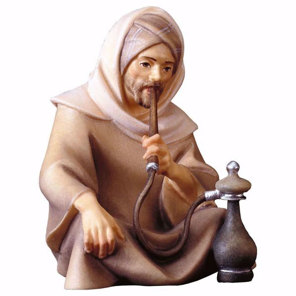 Picture of Sitting Shepherd with pipe cm 10 (3,9 inch) hand painted Comet Nativity Scene Val Gardena wooden Statue traditional Arabic style