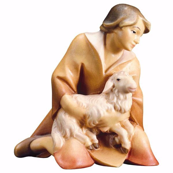Imagen de Pastor arrodillado con Cordero cm 10 (3,9 inch) Belén Redentor pintado a mano Estatua artesanal de madera Val Gardena estilo tradicional