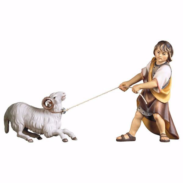 Immagine di Bambino che tira montone 2 pezzi Presepe Ulrich 12 cm tradizionale legno