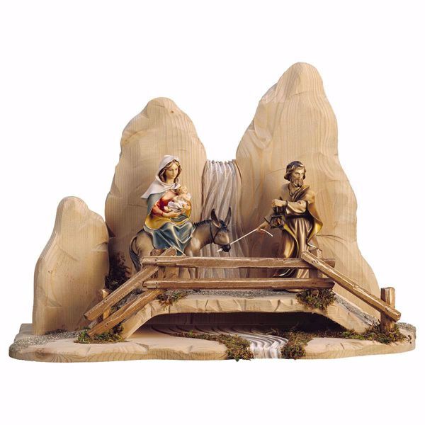 Picture of Flight to Egypt with Bridge 5 Pieces cm 12 (4,7 inch) hand painted Ulrich Nativity Scene Val Gardena wooden Statues baroque style