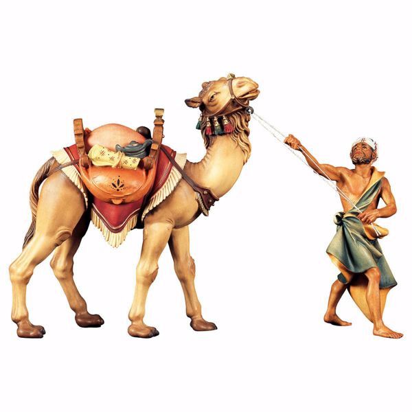 Imagen de Grupo Camello de pie 3 Piezas cm 12 (4,7 inch) Belén Ulrich pintado a mano Estatuas artesanales de madera Val Gardena estilo barroco