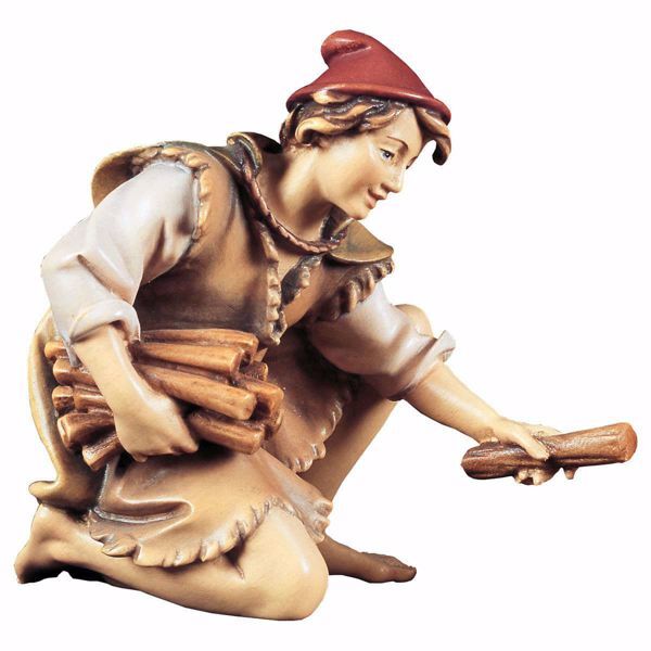 Picture of Kneeling Herder with Wood cm 12 (4,7 inch) hand painted Ulrich Nativity Scene Val Gardena wooden Statue baroque style