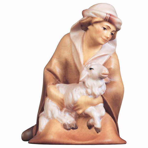 Imagen de Pastor arrodillado con Cordero cm 25 (9,8 inch) Belén Cometa pintado a mano Estatua artesanal de madera Val Gardena estilo Árabe tradicional