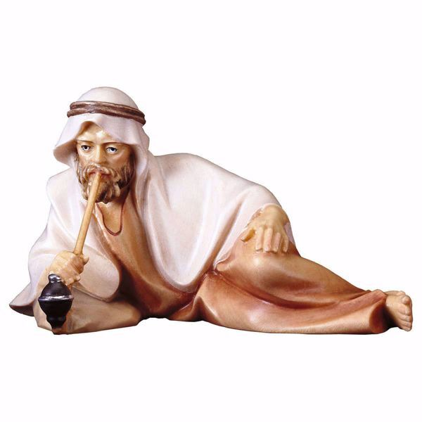 Picture of Sitting Shepherd with pipe cm 25 (9,8 inch) hand painted Comet Nativity Scene Val Gardena wooden Statue traditional Arabic style