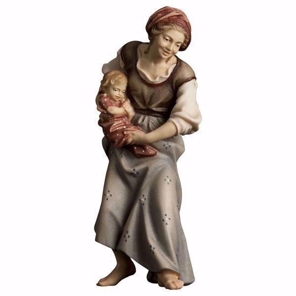 Imagen de Campesina con bebé cm 23 (9,1 inch) Belén Ulrich pintado a mano Estatua artesanal de madera Val Gardena estilo barroco