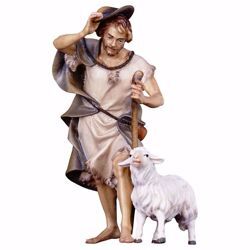 Imagen de Pastor con bastón y oveja cm 23 (9,1 inch) Belén Ulrich pintado a mano Estatua artesanal de madera Val Gardena estilo barroco