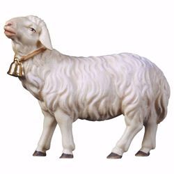 Picture of Sheep looking forward with Bell cm 8 (3,1 inch) hand painted Ulrich Nativity Scene Val Gardena wooden Statue baroque style