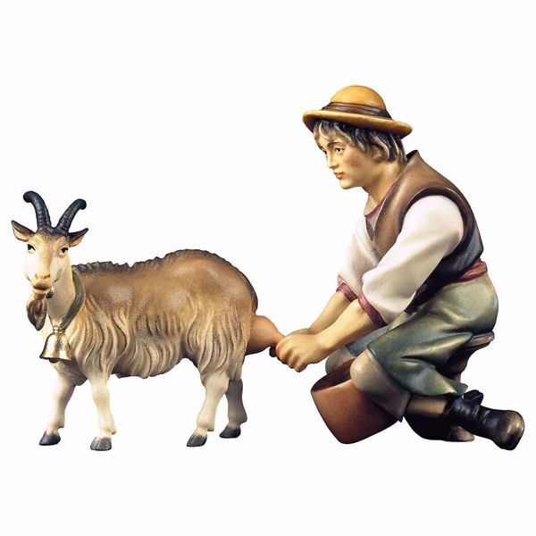 Picture of Shepherd milking a Goat 2 Pieces cm 10 (3,9 inch) hand painted Ulrich Nativity Scene Val Gardena wooden Statues baroque style
