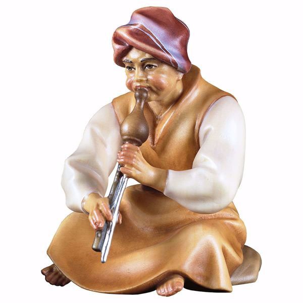 Immagine di Pastore seduto con flauto cm 10 (3,9 inch) Presepe Cometa dipinto a mano Statua artigianale in legno Val Gardena stile Arabo tradizionale