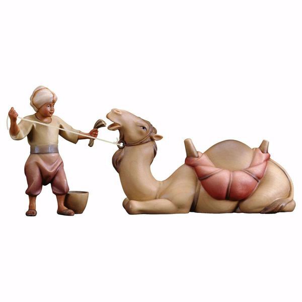 Imagen de Grupo Camello yacente 2 Piezas cm 16 (6,3 inch) Belén Cometa pintado a mano Estatuas artesanales de madera Val Gardena estilo Árabe tradicional