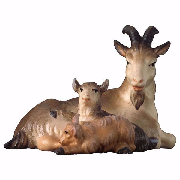 Picture of Goat lying down with two little Goats cm 23 (9,1 inch) hand painted Ulrich Nativity Scene Val Gardena wooden Statue baroque style