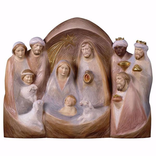 Immagine di Natività Occidente cm 22x26 (8,7x10,2 inch) Presepe in blocco Sacra Famiglia in stile moderno dipinto ad olio in legno Val Gardena