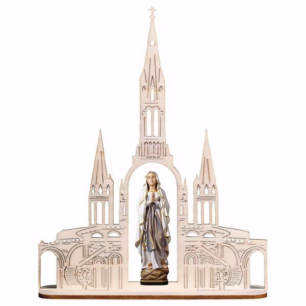 Imagen de Madonna Nuestra Señora de Lourdes con Basílica cm 20x16 (7,9x6,3 inch) Estatua pintada al óleo madera Val Gardena