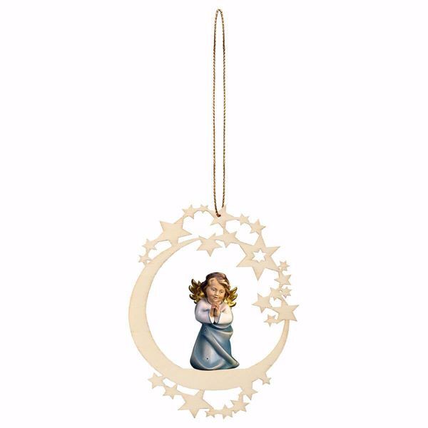 Picture of Guardian Angel Praying with Moon Frame Diam. cm 12 (4,7 inch) Christmas Tree wooden Decoration painted with oil colours Val Gardena