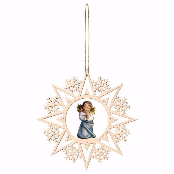 Picture of Guardian Angel Praying with Snow Flakes Frame Diam. cm 15 (5,9 inch) Christmas Tree wooden Decoration painted with oil colours Val Gardena