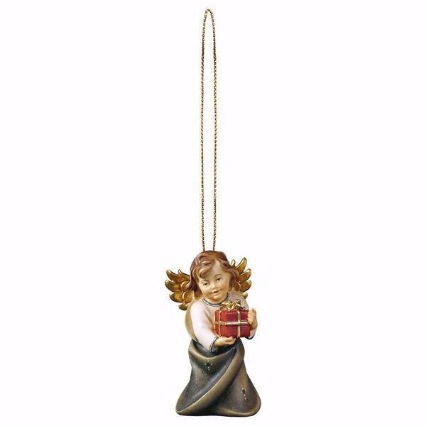 Picture of Guardian Angel with gift and golden thread cm 6 (2,4 inch) Christmas Tree wooden Decoration painted with oil colours Val Gardena