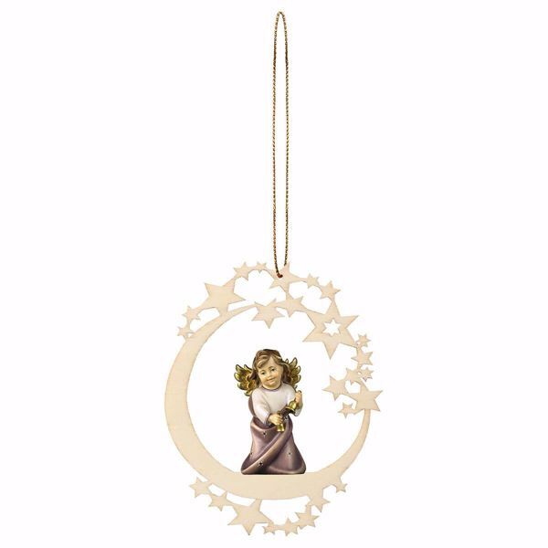 Picture of Guardian Angel with Bells and Moon Frame Diam. cm 12 (4,7 inch) Christmas Tree wooden Decoration painted with oil colours Val Gardena